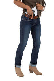 Vertx Burrel concealed carry stretch jean for women in dark wash with handgun